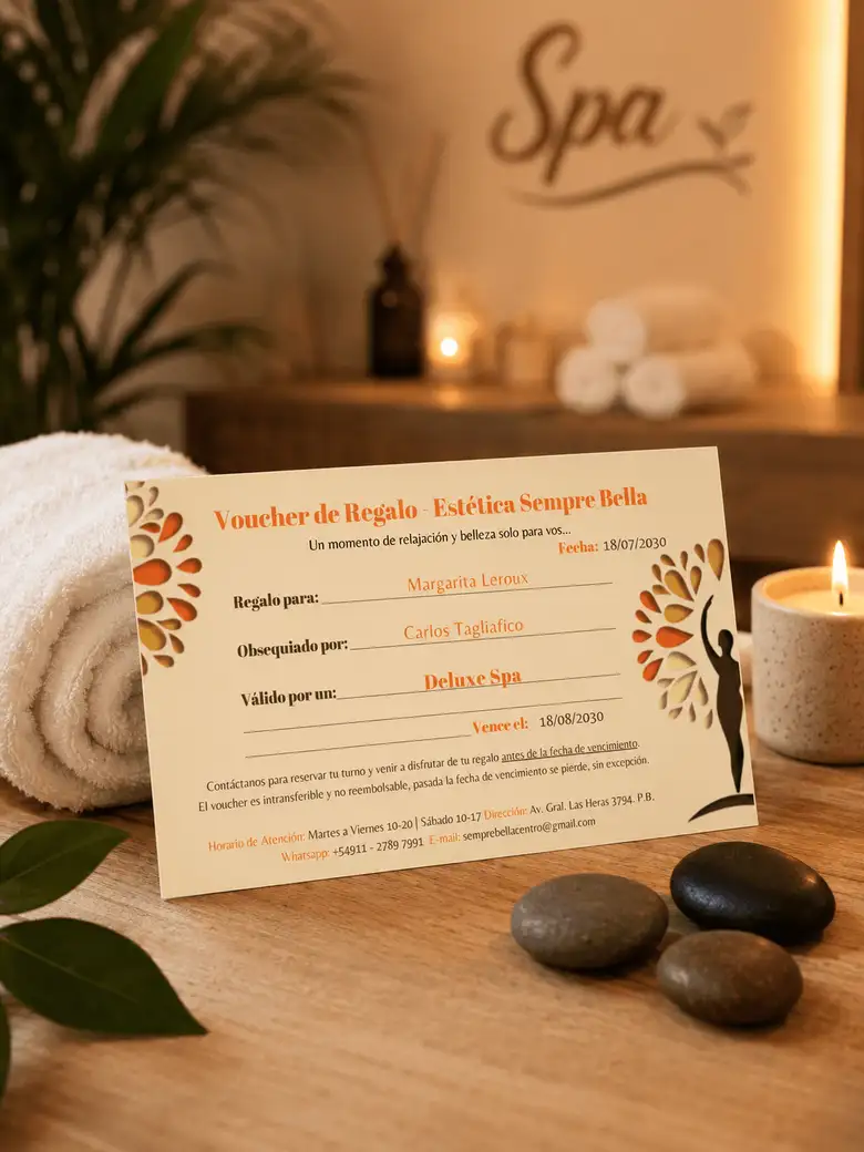 Voucher de regalo de Sempre Bella sobre una mesa con velas